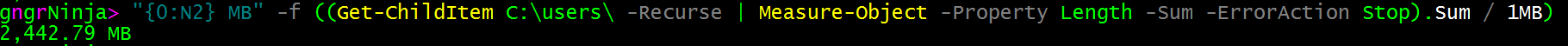 PowerShell one-liner output showing folder size of 2,442.79 MB